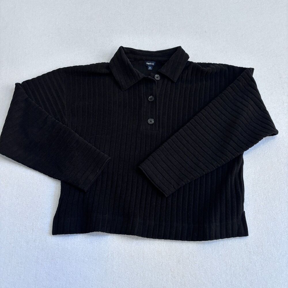 Gap Body Cozy Rib Henley Shirt Women's M Black Long Sleeve Soft Casual